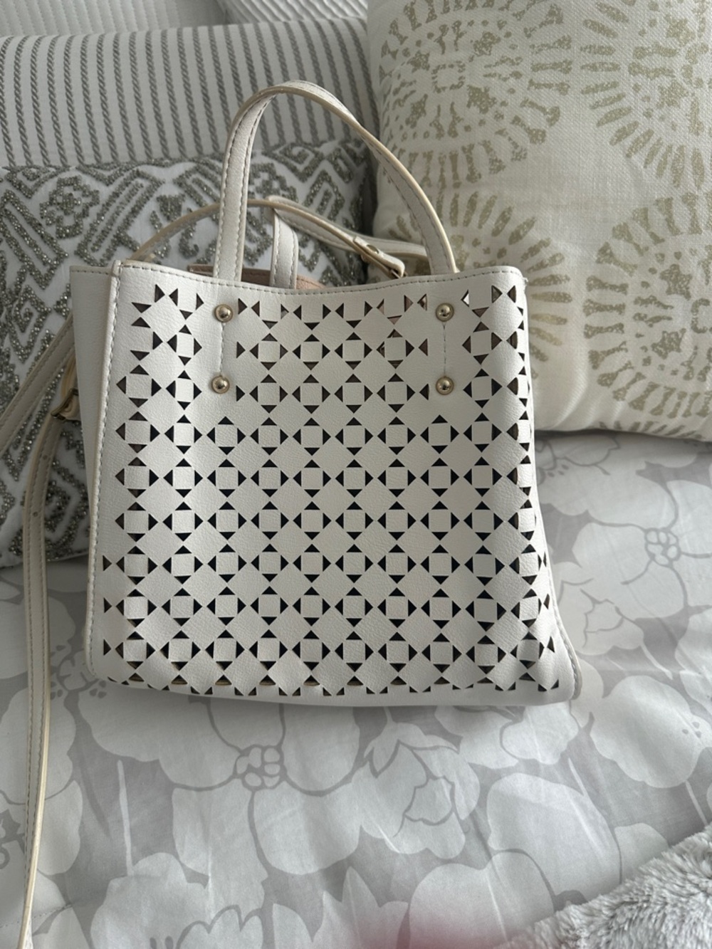 Ann Taylor White Laser-Cut Satchel with Gold Accents. Good condition $25.